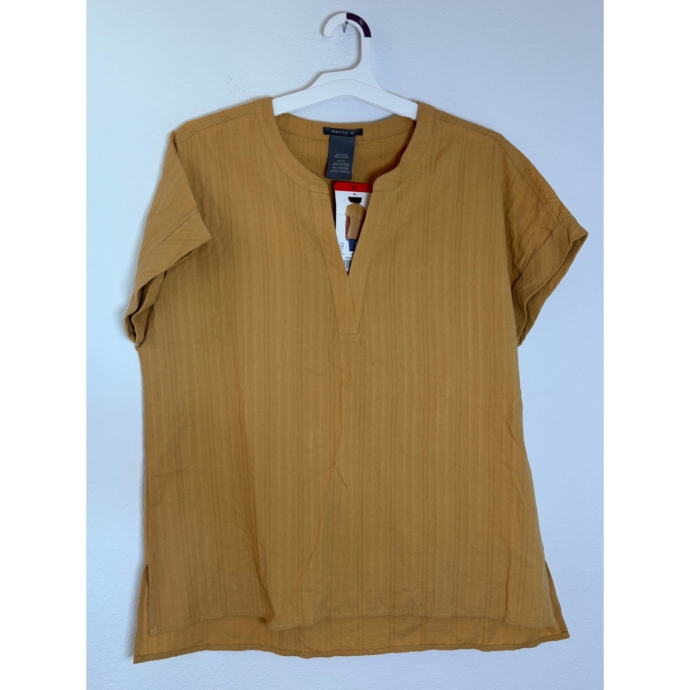 Matty M Honey Cotton Split Neck Textured Stripe Short Sleeve Blouse MW9522-731US